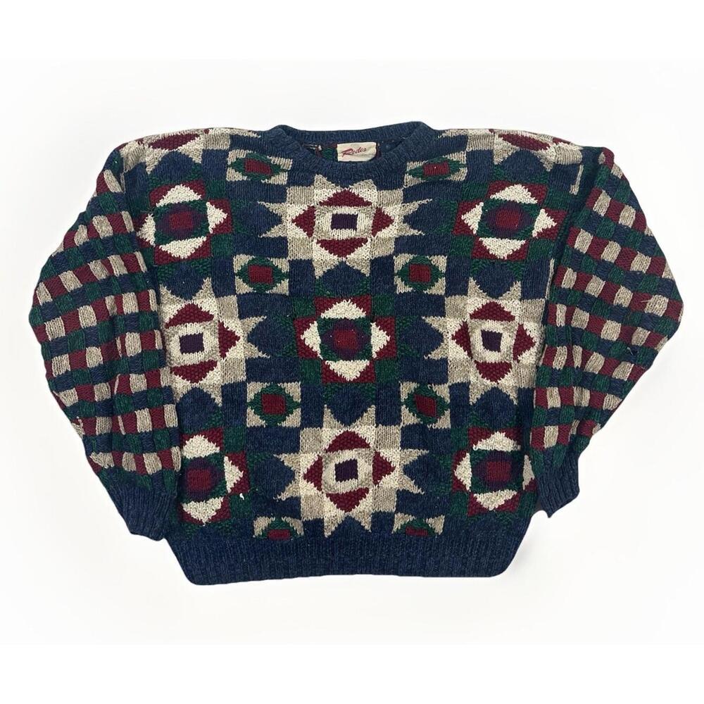 Rodes Hand Knit Pullover Sweater Men's XL Red Blue Coogi Style Abstract Textured